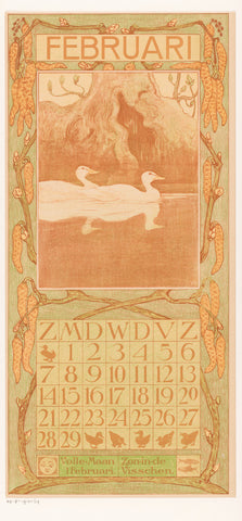 Calendar sheet February with ducks, Theo van Hoytema, 1903 Canvas Print