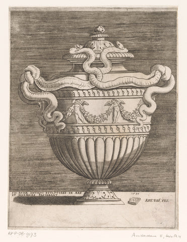 Ornamental vase with two handles of snakes and an edge of putti and garlands, Agostino Veneziano, 1530 Canvas Print