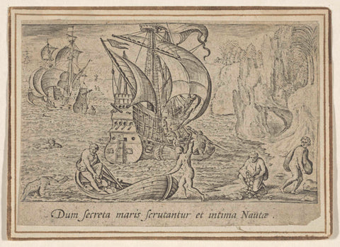 Seascape with three-master and pearl fishermen (right part), Adriaen Collaert, 1582 Canvas Print