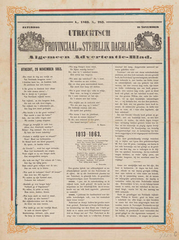 Utrechtsch Provinciaal en Stedelijk Dagblad / Algemeen Advertentie-Blad / Zaturdag 28 November / Ao. 1863 No. 283, L.E. Bosch & Son, 1863 Canvas Print