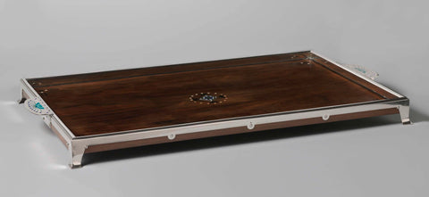 Rosewood tray, inlaid with ebony and ivory. Rim with legs and handles of silver, inlaid with floral motifs in turquoise, dark blue and white enamel., 't Binnenhuis, 1903 Canvas Print