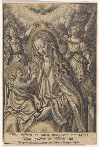 Maria met Christuskind, crowned by two angels, Hieronymus Wierix, 1563 - before 1619 Canvas Print