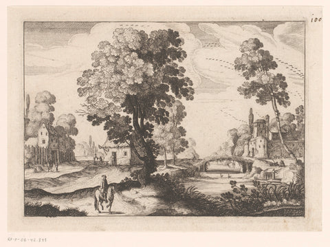 Landscape with river and rider, Nicolas Cochin (attributed to), 1620 - 1686 Canvas Print