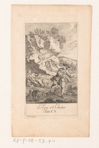 Fable of the lion and hunter, Johann Heinrich Meil (der Ältere), 1758 Canvas Print