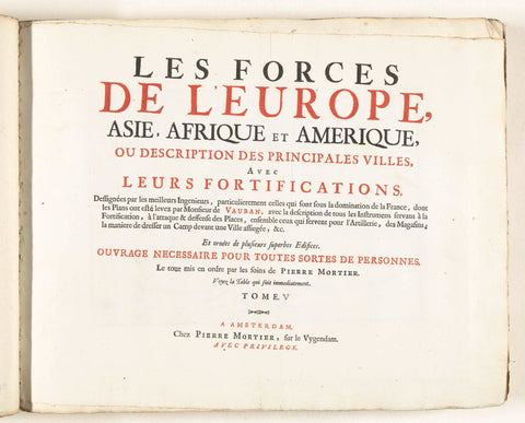 Title page for the fifth part of the print work: Les Forces de l'Europe, Asie, Afrique et Amerique, ca. 1702, Pieter Mortier (I), 1702 - 1703 Canvas Print