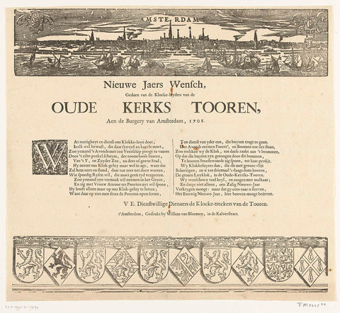 Nieuwe Jaers Wensch, Gedaen van de Klocke-luyders van de Oude Kerks Tooren, Aen de Burgery van Amsterdam, 1708, anonymous, 1707 - 1708 Canvas Print