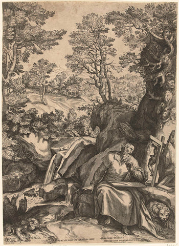 Landscape with the Saint Hieronymus translating the Bible, Cornelis Cort, 1573 Canvas Print