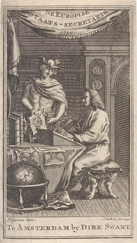 Mercury with a man at a writing table, Jan Schenk, 1750 Canvas Print