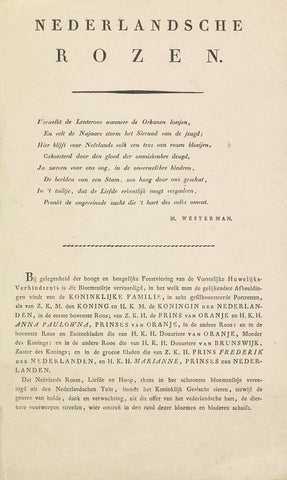 Explanation accompanying the print with the roses with the silhouettes of the Royal family, 1816, Marten Westerman, 1816 Canvas Print