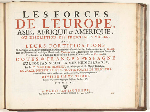 Titelpagina voor het prentwerk: The Forces of Europe, Asia, Africa and America (...) As also the Maps of the Coasts of France and Spain (deel XX), 1726, Pieter van der Aa (I), 1726 Canvas Print