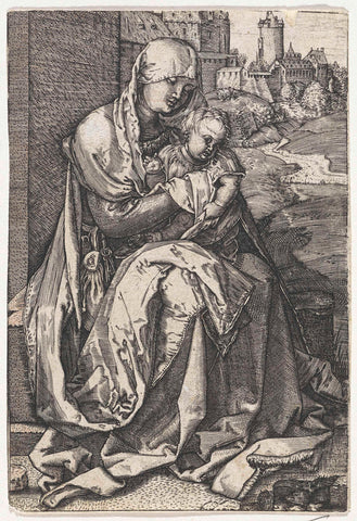 Maria met het Christuskind op schoot bij een muur, Wierix (attributed to), 1563 - before 1619 Canvas Print