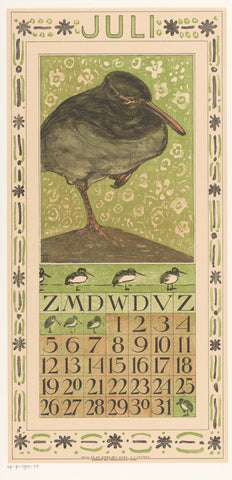 Calendar sheet July with oystercatcher, Theo van Hoytema, 1907 Canvas Print