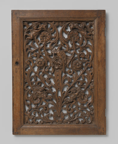 Panel with openwork symmetrical ornament of acanthus vines with flowers and putti and in the middle an eagle on flower, anonymous, c. 1650 - c. 1699 Canvas Print