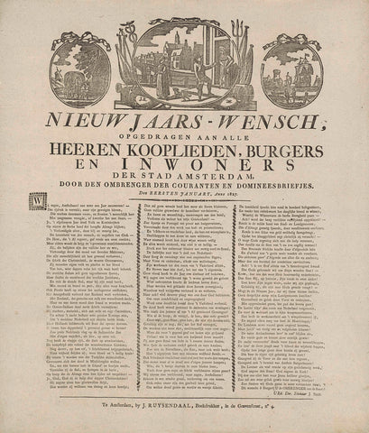 New Year's wish of the Amsterdam newspaper broadcasters for the year 1827, anonymous, 1826 - 1827 Canvas Print