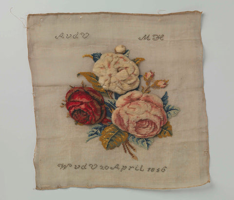 Cushion cover with Berlin embroidery of three very large roses surrounded by leaves in cross-stitch, marked and dated with beads., anonymous, 1856 Canvas Print