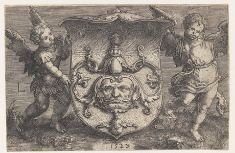 Two putti with a coat of arms, Lucas van Leyden, 1527 Canvas Print