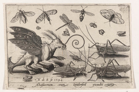 Grasshoppers and fantasy creature with wings and flippers, Nicolaes de Bruyn, 1594 Canvas Print