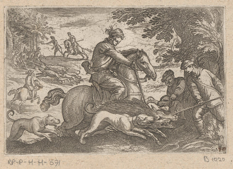 Men and dogs kill a wild boar, Antonio Tempesta, 1595 Canvas Print