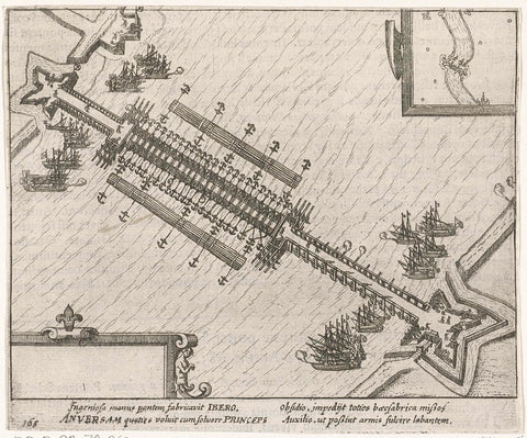 Siege and capture of Antwerp in 1585: the ship bridge of Parma over the Scheldt, anonymous, 1613 - 1615 Canvas Print