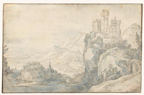 River landscape with a castle on a mountain, Joos de Momper (II), 1574 - 1635 Canvas Print