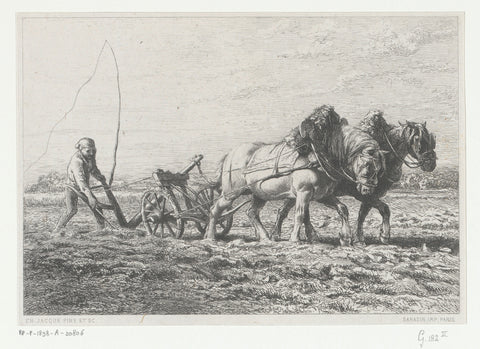 Ploughing farmer with two horses, Charles Emile Jacque, 1864 Canvas Print