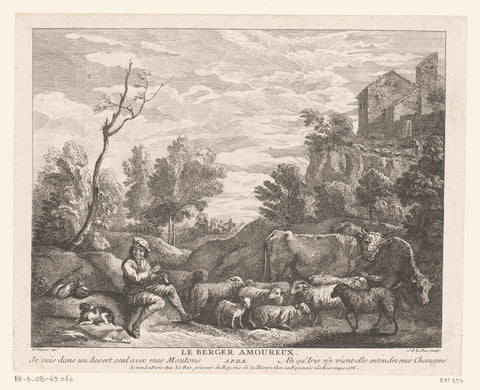 Landscape with flute-playing shepherd, Jacques-Philippe Le Bas, 1736 Canvas Print