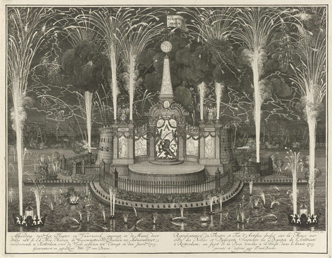 Fireworks at the celebration of the Peace of Utrecht in Rotterdam, 1713, Bernard Picart, 1713 Canvas Print