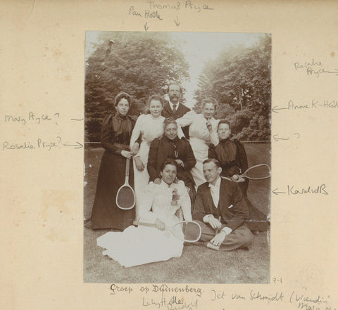 Group poses with tennis rackets in the grass in Duinenberg, Hendrik Herman van den Berg, in or after 1890 - in or before 1894 Canvas Print