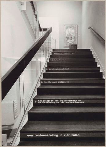 Stairs with signs on the steps to four halls and the entrance fee, c. 1975 Canvas Print