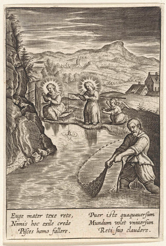 Holy Family to fishing, Hieronymus Wierix, 1563 - 1669 Canvas Print