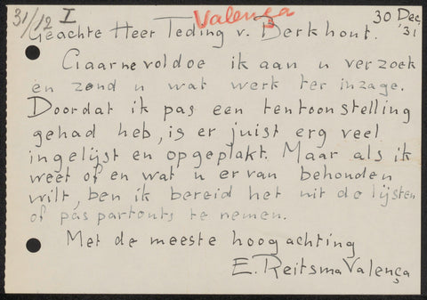 Letter to jonkheer Hendrik Teding van Berkhout (1879-1969), Engelien Reitsma-Valença, 1931 Canvas Print