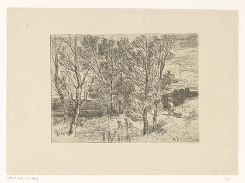 Washerwomen on a bank with trees, Hector Allemand, 1849 Canvas Print