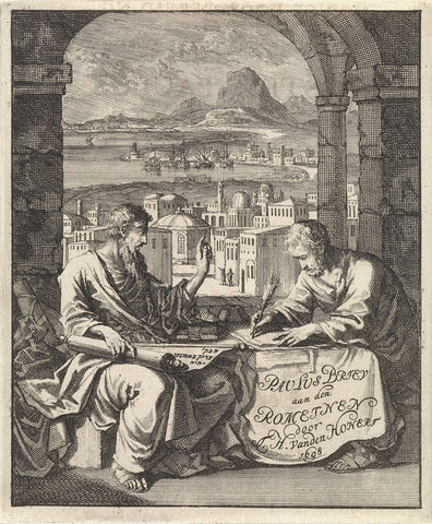 Paulus dictates tertius the letter to the Romans, Jan Luyken, 1698 Canvas Print