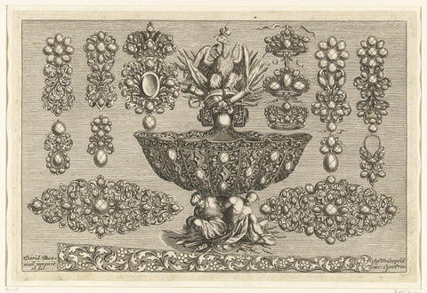 Fourteen designs for jewels, a scale and a range handle, Joseph Friedrich Leopold, 1695 Canvas Print