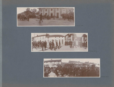 Soldiers on horseback and in cars in front of a building in France, anonymous, 1902 Canvas Print