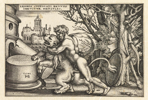 Hercules in battle with the Nemeean lion, Hans Sebald Beham, 1548 Canvas Print