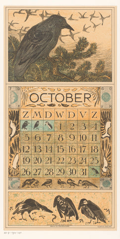 Calendar sheet October with crow, Theo van Hoytema, 1912 Canvas Print