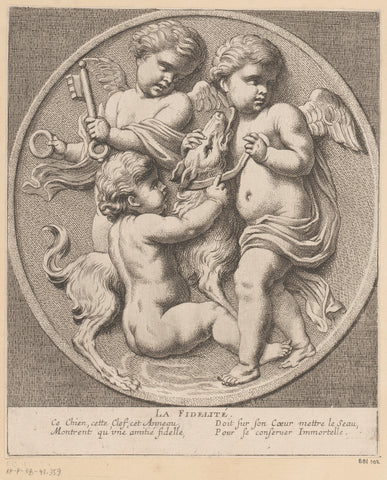 Three putti put a dog on a collar, Louis Ferdinand I Elle, 1654 Canvas Print