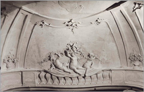 Detail of ceiling with putti holding a flower garland (Spring), during restoration, 1982 Canvas Print