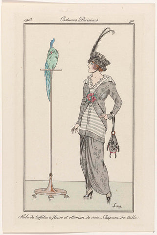 Journal des Dames et des Modes, Costumes Parisiens, 1913, No. 90 : Robe de taffetas à fleurs (...), Loeze, 1913 Canvas Print