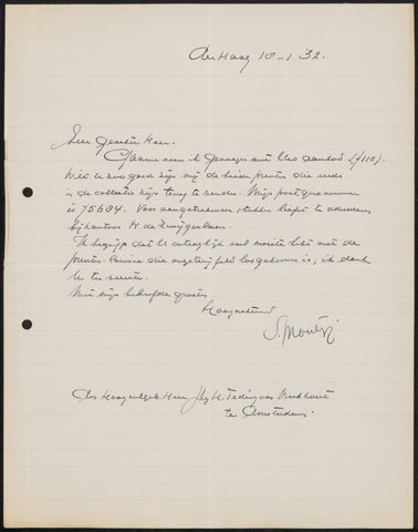 Letter to jonkheer Hendrik Teding van Berkhout (1879-1969), Simon Moulijn, 1932 Canvas Print