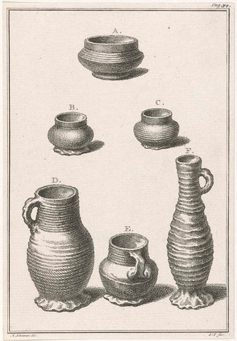 Three pots and three vases, Simon Fokke, 1722 - 1784 Canvas Print