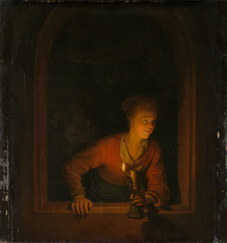 Girl with an Oil Lamp at a Window, Gerard Dou, 1645 - 1675 Canvas Print