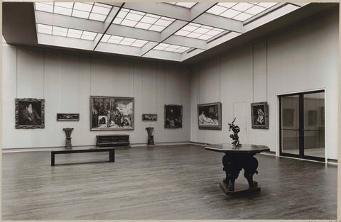 Room 212A with paintings including portraits and a retugling nude, sgabellos, a coffin, a table with statue, a bench for visitors and a passage, c. 1973 - c. 1974 Canvas Print