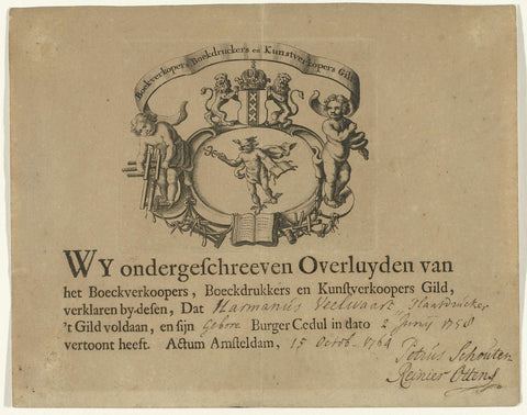 Guild letter (proof of payment) of the Amsterdam Booksellers, Printers and Art Sellers Guild for Herman Veelwaard, anonymous, c. 1764 Canvas Print