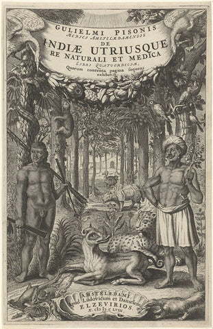 Two men and wild animals in front of a forest, Theodor Matham, 1658 Canvas Print