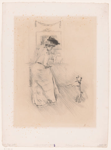 Young woman with dog in front of a mantelpiece, Paul César Helleu, c. 1900 Canvas Print