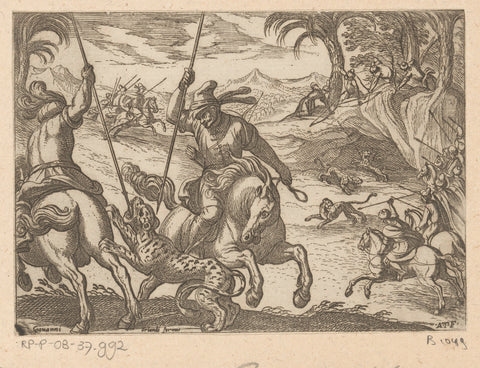 Two men on horseback kill a leopard, Antonio Tempesta, 1598 Canvas Print