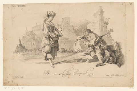 Young man and young woman on the road near a ruin, Johann Esaias Nilson, 1731 - 1788 Canvas Print