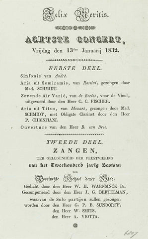 Program of the concert at the second centenary of the Athenaeum Illustre in Amsterdam, 1832, anonymous, 1832 Canvas Print